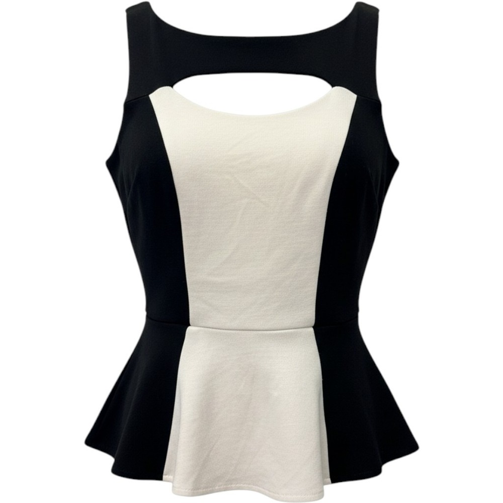Cache Peplum Top XS Black White Colorblock Cutout Sleeveless Zipper Back